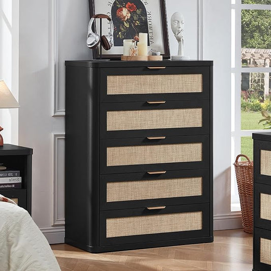 LEYAOYAO Rattan Dresser for Bedroom Set 2, 41" Tall Chest of Drawers, Modern 5 Drawers Boho Dressers with Storage, Light Oak Dresser Wooden Closet Organizer for Living Room, Hallway, Boho Black by LEYAOYAO-Findtheshiningpointofyourideallife%EF%BC%81