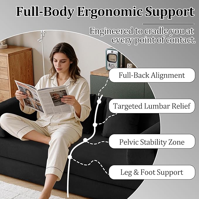 87'' Convertible Compressed Corduroy Folding Cloud Sofa Bed, Modern Modular Boneless Pull Out 3 Seater Sleeper in a Box, 5 in 1 Foldable Floor Mattress Couch, No Assembly Needed, Black, Pillows, King