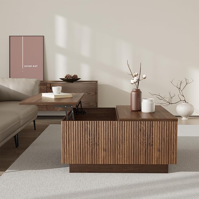 Lift Top Coffee Table, Farmhouse Square Fluted Center Table, 31" Modern Wooden Tea Table with Hidden Storage for Living Room, Apartment, Small Spaces, Brown Walnut