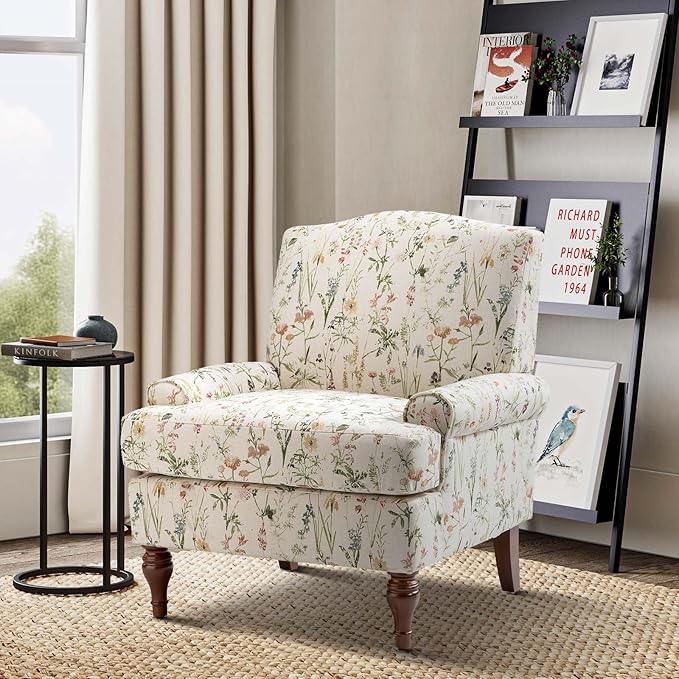 HULALA HOME Accent Chair with Solid Legs & Removable Cushion, Floral Comfy Upholstered Armchair, Leisure Single Sofa Chair for Living Room/Bedroom, Spring