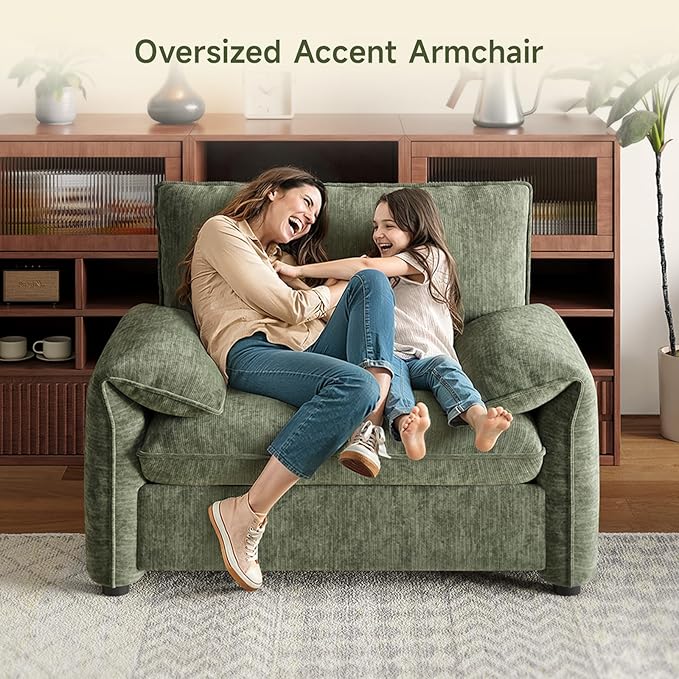ONBRILL Oversized Accent Chair, 41 Inch Chenille Fabric Armchair, Comfy Single Sofa Chair with Padded Arms, Pocket Spring Cushion, Modern Reading Chair for Living Room, Bedroom, Green