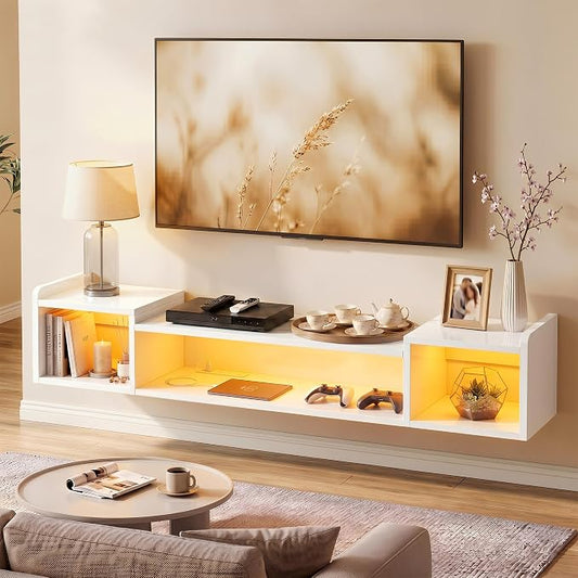 70.9"W Floating TV Stand with LED Lights & Power Outlets for 60 65 70 75 Inch TV Wall Mounted Entertainment Center with Storage for Living Room Wood Media Console Shelf White TV Shelf Wood for Bedroom by Romorgniz