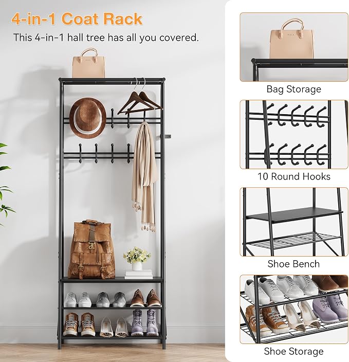 Entryway Hall Tree Coat Rack with Shoe Storage Bench, 10 Hooks & Clothes Rail – Wood Look, Metal Frame – Multifunctional Organizer for Hallway, Black – Double Row Hook, 60cm Wide, Black - Image 8