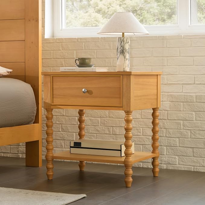 AMERLIFE 24" Wood Nightstand, Vintage Bedside Table for Bedroom, Solid Wood Night Stand with Turned Legs, End Table with Drawer & Open Shelf, Large/Tall Nightstand, Natural Finish by AMERLIFE