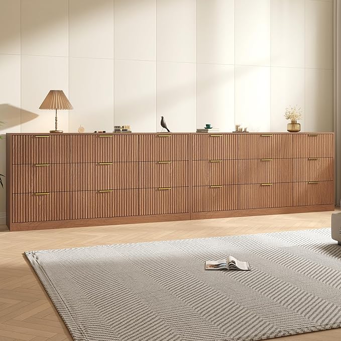 Dresser for bedroom Set of 2, Long Dresser with 18 Drawers, Fluted Modern Bedroom Furniture Set, TV Stand Dressers & Chests of Drawers for Closet, Natural Wood (15.7"D x 125.8"W x 31.8"H)