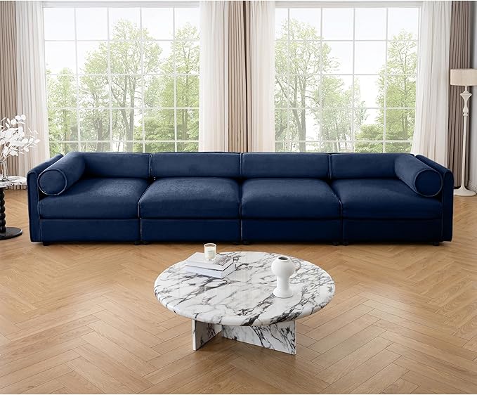 KEIKI 143" Oversized Modular Chenille Sectional Sofa with Storage Seat, Modern 4-Seater Couch with Cylindrical Backrest and Armrests, Easy Assembly, for Apartment, Living Room, Blue