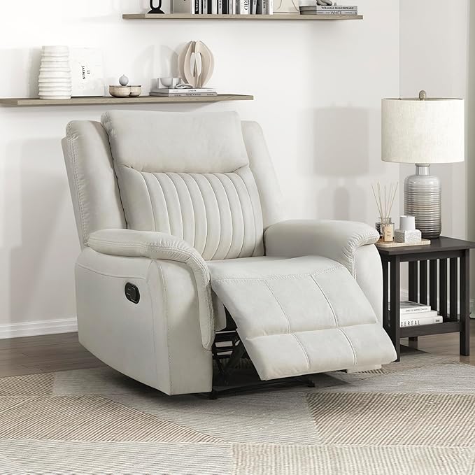 Lexicon Manual Recliner Chair, Polished Microfiber Reclining Sofa Chair, Home Theater Seating, Wall Hugger Manual Recliner for Living Room/Office/Apartment, Beige