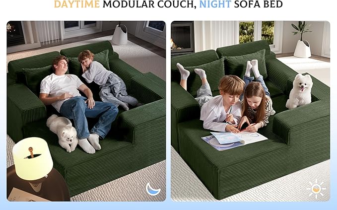 Homguava Modular Sectional Couches for Living Room,105" Cloud Couch with L-Shape Chaise,Comfy Sofa Living Room Sofas with Deep Seat,No Assembly L Couch,Corduroy Fabric(Green,R)