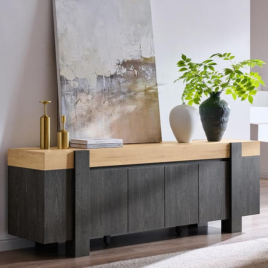 OKD Modern Farmhouse TV Stand, 70" Long Media Console Table with Storage Cabinet, Wooden Entertainment Center for Living Room, Natural Oak with Dark Alder by OKD