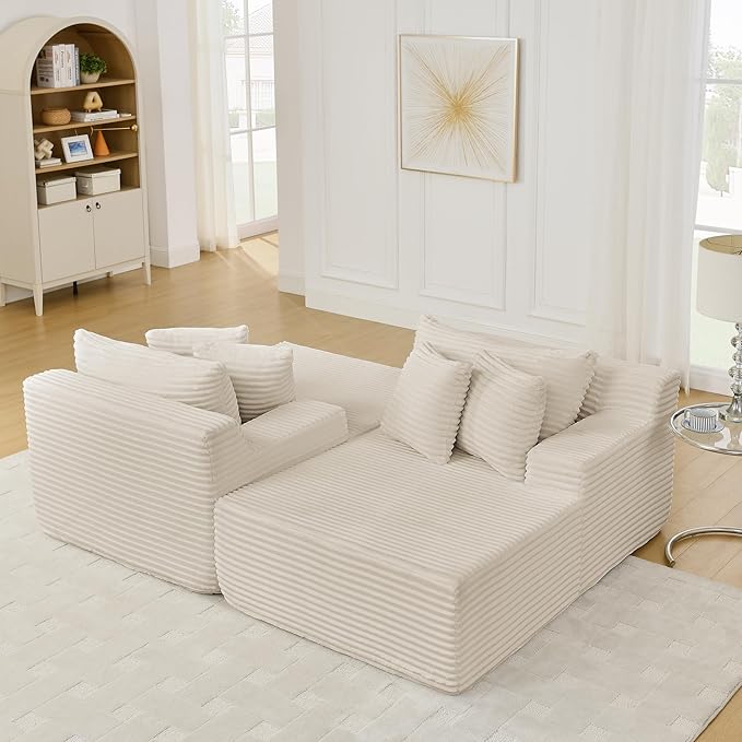 Fluffy Corduroy Double Chaise Lounge Daybed 83-Inch Oversized Loveseat Sleeper Sofa Bed,Boneless Love Seat Recliner Sleeper Couch Full Foam Floor Cloud Sofa Chaise W/6 Pillows for Living Room Bedroom