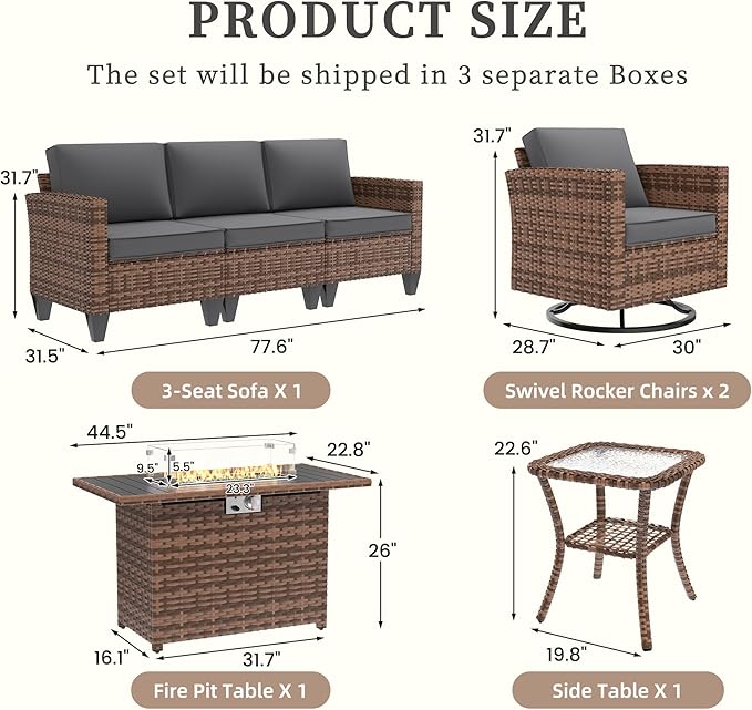 UDPATIO Patio Furniture Set with Fire Pit Table, Rocking Swivel Chairs, 5 Pieces Outdoor Furniture Sets, All-Weather Wicker Outdoor Sectional Sofa with Waterproof Cover, 4'' Thickened Cushion, Grey