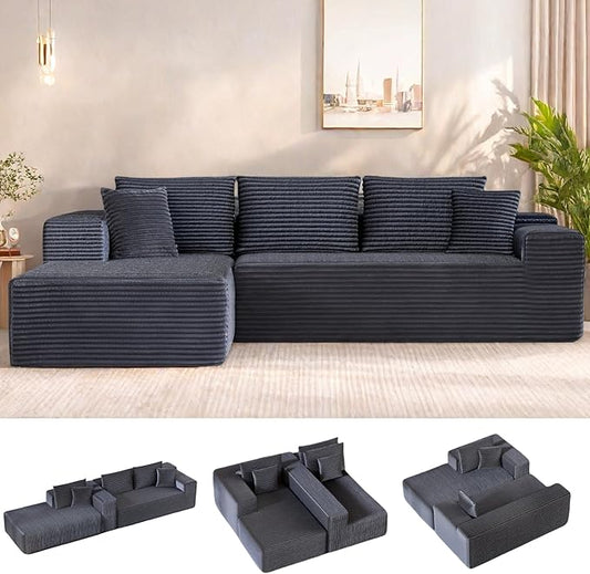 104” Sectional Cloud Couch, L-Shape Compressed Sofa with Right Chaise Lounge, Modular Cloud Couch with 2 Pillows & Deep Seat, Flannel Velvet Floor Sofa for Living Room, Dark Gray