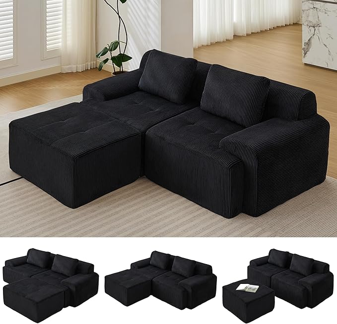 Modular Sectional Sofa, Boneless Couches for Living Room, Corduroy Couch, Big Comfy Couch, Modular Cloud Sofa with Deep Seat (Black, 3 Pieces-L Shape)