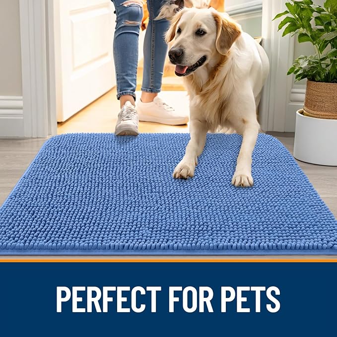 OLANLY Dog Door Mat for Muddy Paws 36x24, Absorbs Moisture and Dirt, Absorbent Non-Slip Washable Doormat, Quick Dry Chenille Mud Mat, Entry Indoor Entryway Carpet for Inside Floor, Cornflower Blue - Image 6