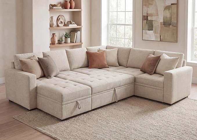HONBAY Modular Sectional Couch with Pull Out Bed Sleeper Sofa with Storage U Shaped Modular Sectional Couches for Living Room,Mid Beige