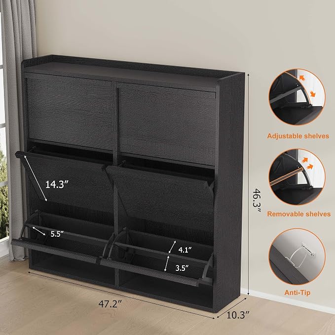 GarveeHome Shoe Cabinet with 6 Flip Drawers, Wooden Shoe Organizer Cabinet with Adjustable Shelf, Shoe Storage for Entryway, Hidden Shoe Cabinet for Hallway, Living Room, Black - Image 2