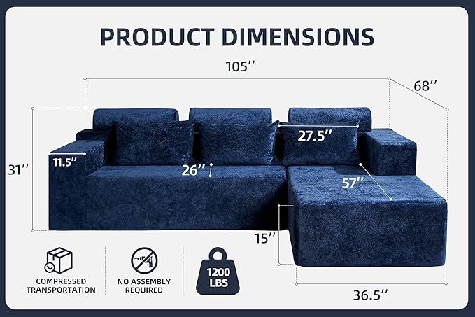 Homguava Modular Sectional Couches for Living Room,105" Cloud Couch with L-Shape Chaise,Comfy Sofa Living Room Couch with Deep Seat,No Assembly L Couch,Luxury Distressed Velvet(Blue,R)