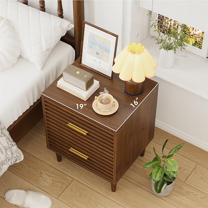 Alohappy Nightstand, Mid Century Modern Night Stands, Fluted Bedside Table for Bedroom, End Table with Storage Drawers, Vintage Bed Side Table Wood Accent Table for Living Room, Brown 1pc - Image 2