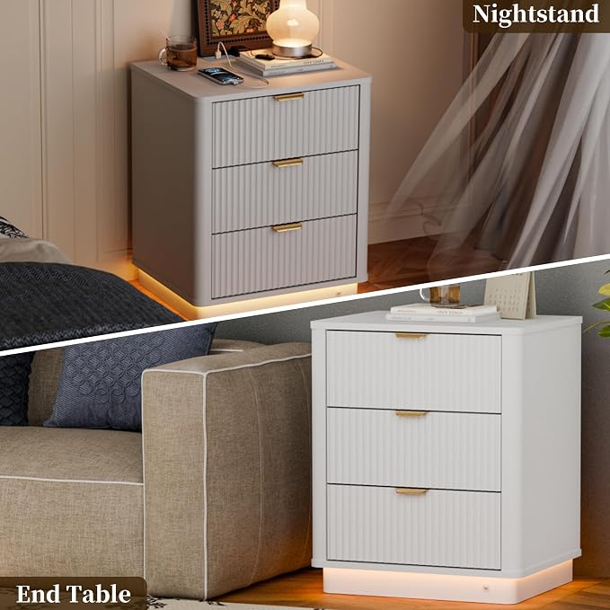 Fluted Night Stand Set of 2, Curved Nightstands with Charging Station Lighting, Wood End Table with 3 Drawers, Modern Side Table Storage Cabinet for Bedroom Office,(2, White) - Image 6