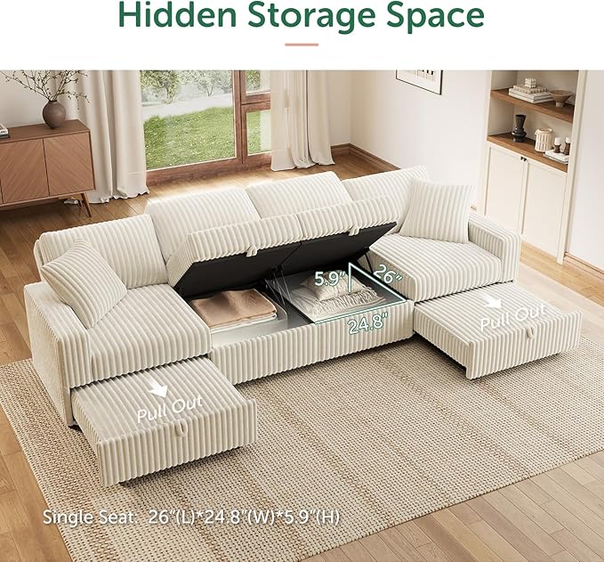 HONBAY 121.3 Inch Sectional Sofa, Modular L & U Shaped Pull Out Couch with Adjustable Backrest & Storage, Velvet White