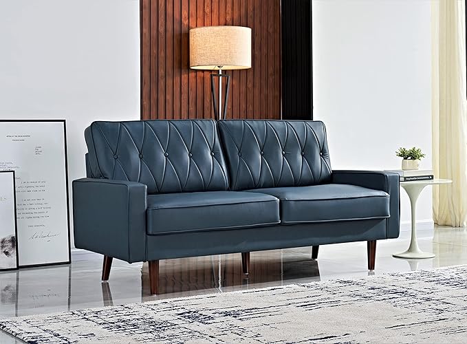 Container Furniture Modern Style Faux Leather Sofa with Elegant Round Tapered Legs and Button Tufted Backrest Perfect for Living Room, Bedroom or Home Office, 69.3’’ Wide, Blue