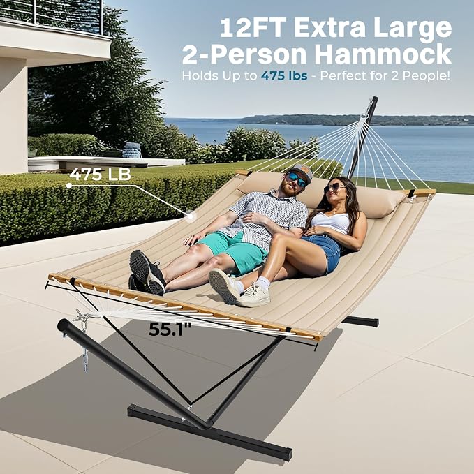 SUPERJARE Hammock with Stand, 2 Person Quilted Outdoor Hammock, Detachable Pillow & Bamboo Spreaders, Portable Hammock with Carrying Bag, Heavy Duty Stand, Perfect for Outside, Patio, Beige - Image 3