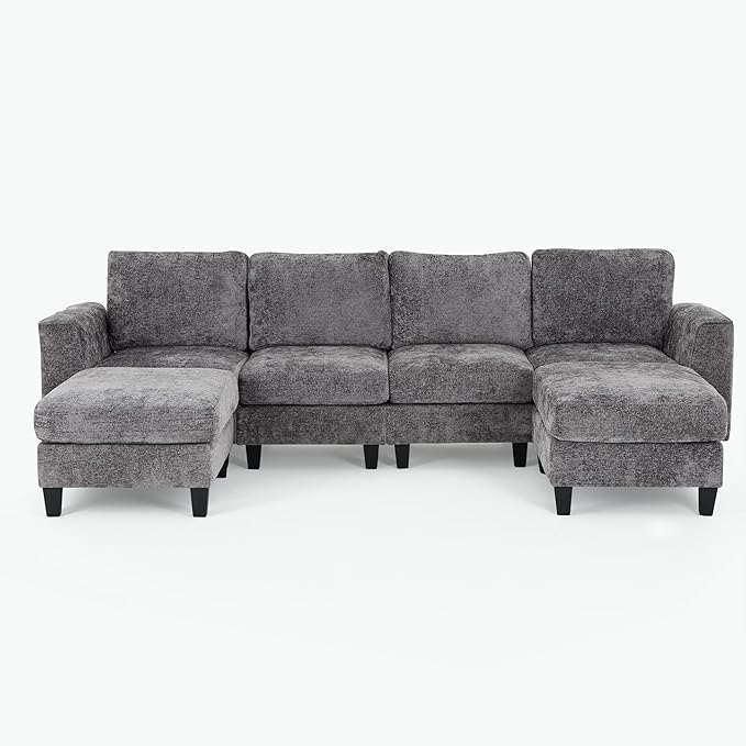 COLAMY 118" U-Shaped Sectional Couch, 4-Seat Modular Sofa with 2 Ottomans and Foldable Side Table, Grey for Living Room