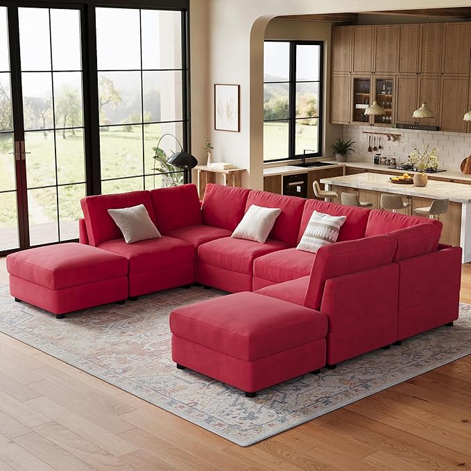 IDEALHOUSE 138" Modular Sectional Sofa, 8 Seater Sectional Couch, U-Shape Modern Sofa with Ottoman, Deep Seat, Oversized Convertible Modular Couch for Living Room Apartment Office, Chenille, Red