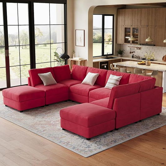 IDEALHOUSE 138" Modular Sectional Sofa, 8 Seater Sectional Couch, U-Shape Modern Sofa with Ottoman, Deep Seat, Oversized Convertible Modular Couch for Living Room Apartment Office, Chenille, Red