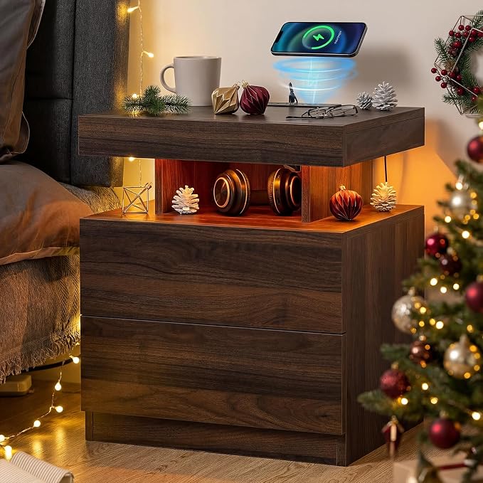 HOMMPA Nightstand with Charging Station and LED Light, Smart Nightstand with USB Port & Wireless Charging, Modern Night Stand with 2 Drawer, Rustic Beside Table for Bedroom, Walnut - Image 8