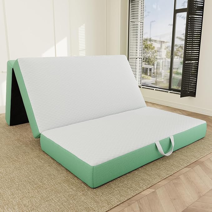 ROXGOX Memory Foam Trifold Mattress, Queen Portable Floor Bed 6 Inch, Foldable Mat with Washable Cover, Handle & Non-Slip Bottom, for RV, Travel, Camping, Yoga, 78"x58"x6", White Green