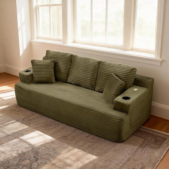 Eafurn Floor Loveseat Boneless Sofa Couch in a Box with Cup Holder and Side Pockets, 3 Seater Comfy Corduroy Upholstered Foam Couch with Deep Seating for Living Room,No Assembly | Breathable material, Cupholders