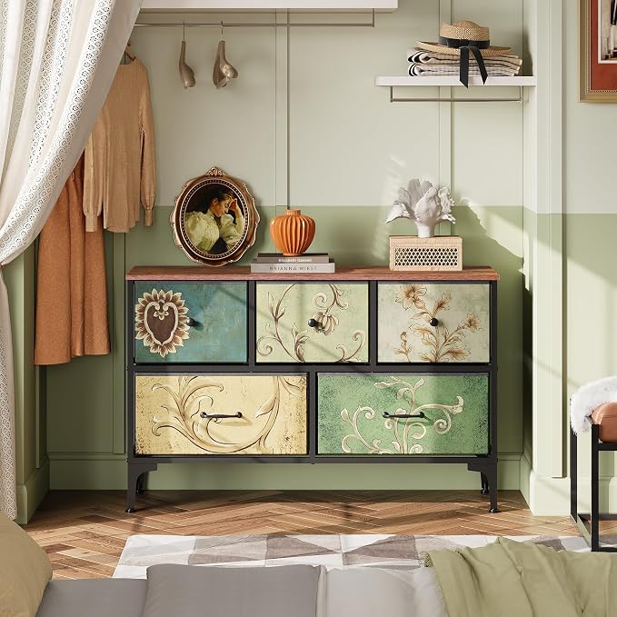 WLIVE Dresser for Bedroom with 5 Drawers, Wide Chest of Drawers, Fabric Dresser, Storage Organizer Unit with Fabric Bins for Closet, Living Room, Hallway, Floral Painted - Image 4