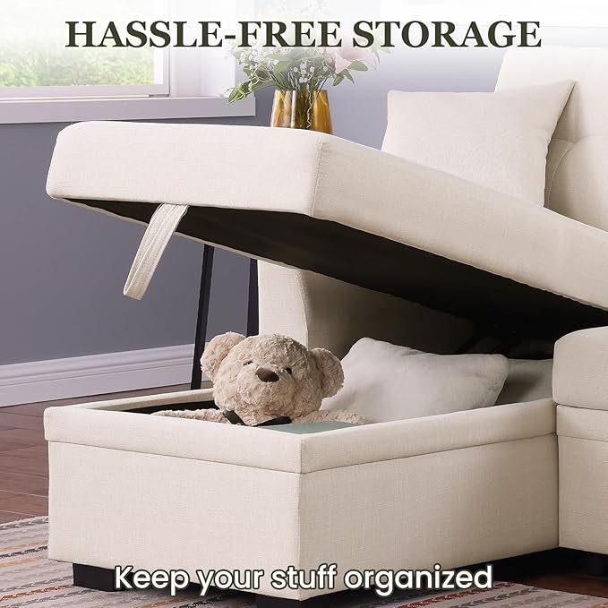 Convertible L-Shape Sofa Bed with Storage Space-Saving, Features Pull-Out Sleeper and Charging Ports for Apartment Living Room and Office, White