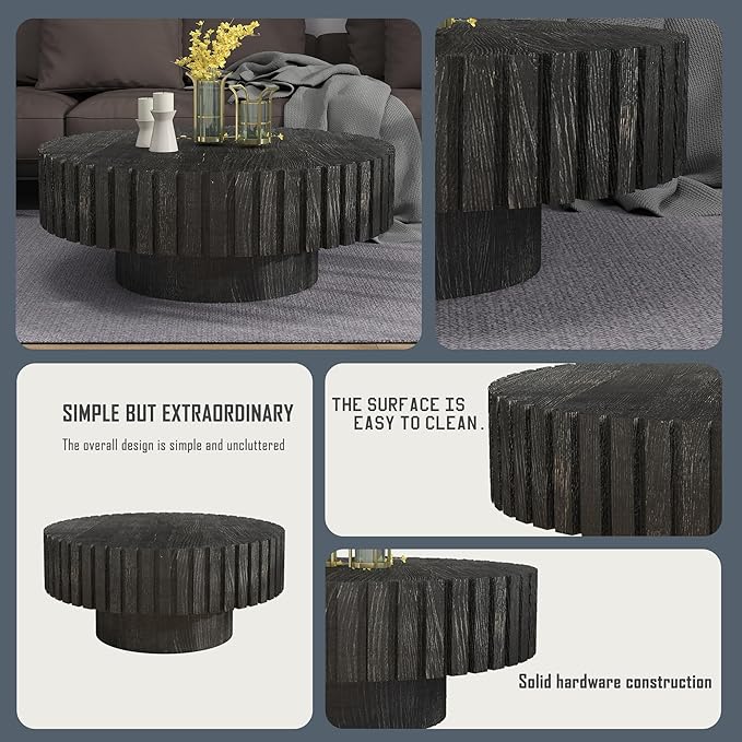 Round Coffee Table, 31.5" Circle Wood Center Table with Pedestal, Wood Coffee Tables for Living Room, Small Space, Office, Apartment, Easy Assembly, Black