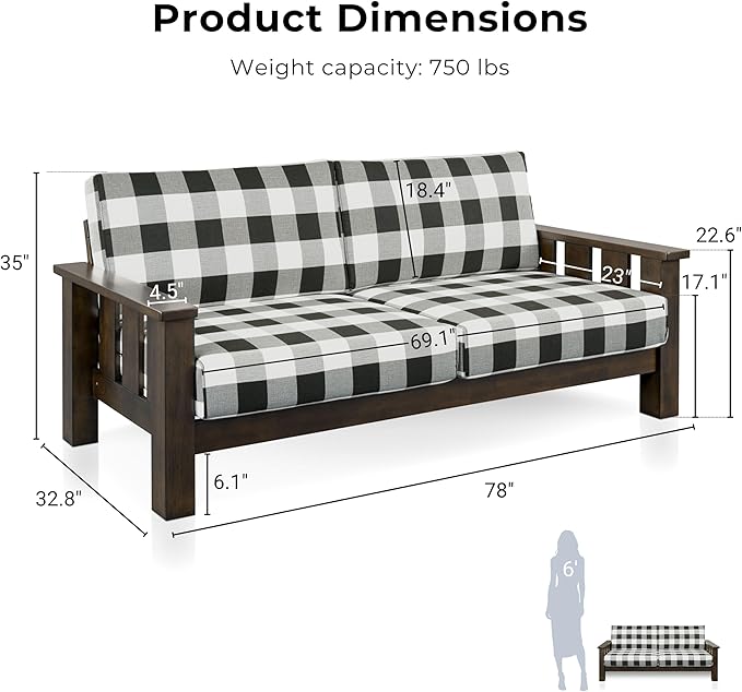 Furniture of America Gavik Modern 3-Piece Solid Wood Sofa Set with Plaid Removable Cushions, Black and White Upholstery Fabric, Arm Chair, Comfortable Couch and Loveseat for Living Room, Dark Walnut