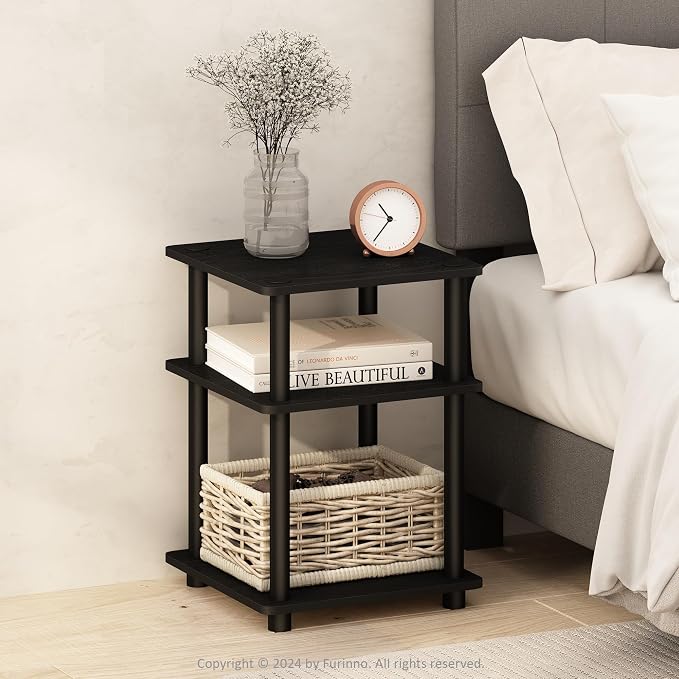 Furinno Turn-N-Tube Night Stand, 3-Tier Nightstand with Open Shelf, Bedside Table, End Table, Side Table, for Bedroom, Closet, Dorm, Black by Furinno-FitsYourSpaceFitsYourBudget