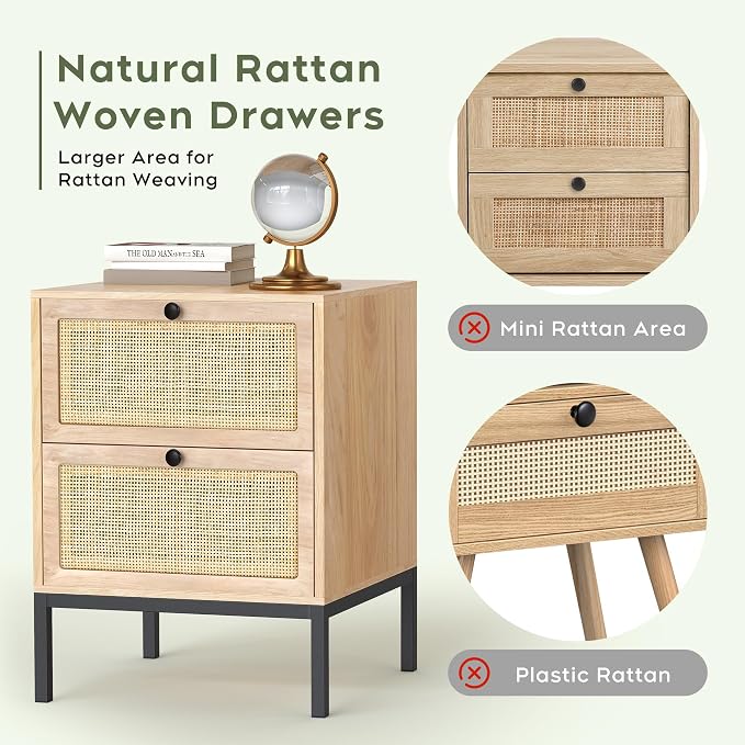 Yechen Set of 2 Rattan Nightstands with 2 Storage Drawers, Boho Bedside Table with Handmade Natural Cane, Mid-Century Modern End Table with Metal Legs for Bedroom, Natural Oak - Image 7