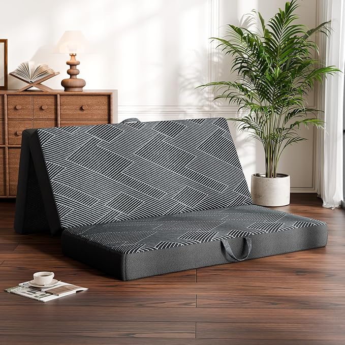 Tri Folding Mattress Twin Size - Foldable Mattress Trifold Memory Foam Mat with Washable Cover, Handle & Non-Slip Bottom, Portable Foldable Floor Sofa Bed for Travel Camping Guest - 4 Inch, 75"x38"x4"