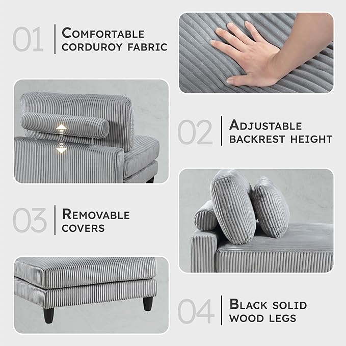 Lexicon Modular Sectional Sofa for Living Room, Corduroy Fabric Upholstery Armless Chair with Pillow, Units of Modular Sectional Couch, Upholstered Chair for Customizable Sectional Sofa Couch, Gray