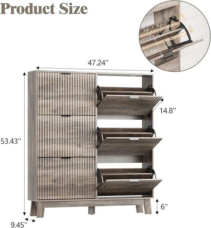 HUANLEGO Shoe Cabinet Storage for Entryway with 6 Flip Drawers, Fluted Narrow Shoe Organizer with Wooden Legs, Freestanding Slim Shoe Storage Hidden Shoe Rack Organizer for Front Door Entrance, Grey - Image 2