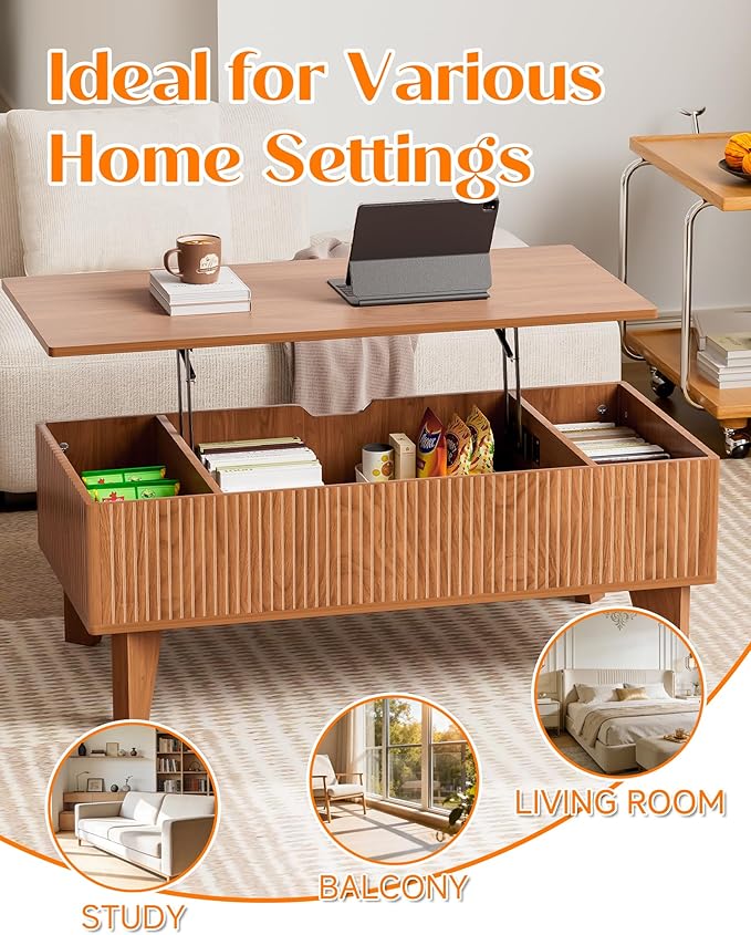 Rectangular Lift Top Coffee Table with Storage, 41.5" Mid Century Modern Center Table for Living Room, Wood Fluted Coffee Table for Home Office, Walnut