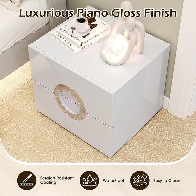 Modern Nightstand with 2 Drawers,Grey Night Stands with Circular Handle Design,Wood Bed Side Tables Bedroom,High-Gloss Side End Table for Bedroom, Living Room, and Small Spaces,Easy Assembly - Image 5