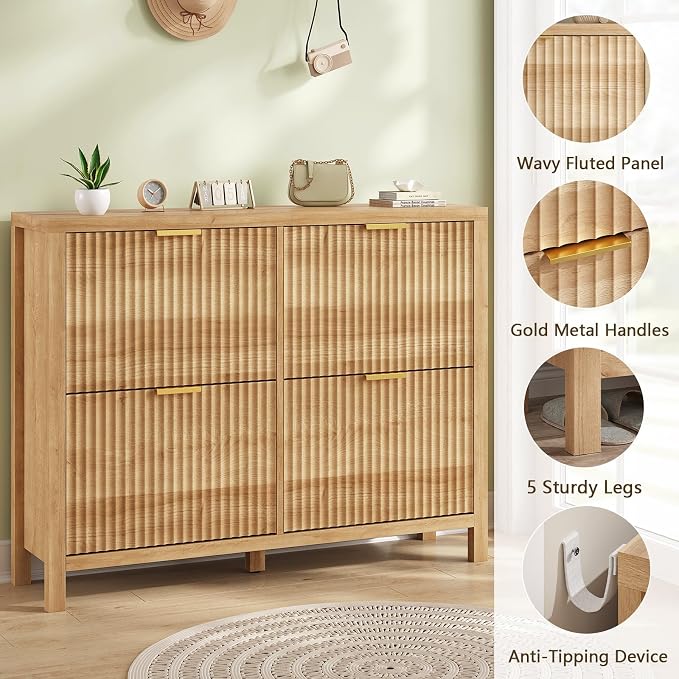 YOMILUVE Shoe Cabinet Storage for Entryway, Fluted Shoe Cabinet with 4 Flip Drawers, Hidden Shoe Rack Freestanding Wooden Shoe Organizer with Legs for Hallway, Oak - Image 7