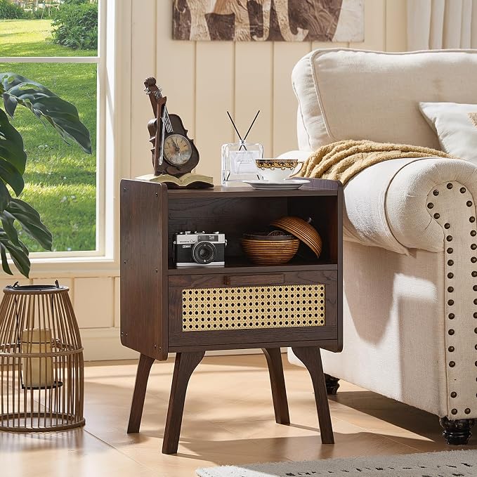 Lerliuo Rattan Nightstand, Bedside Table with Drawer Open Shelf, Cane Accent Side End Table with Solid Wood Legs, Walnut Vintage Night Stand for Bedroom, Dorm and Small Spaces - Image 8