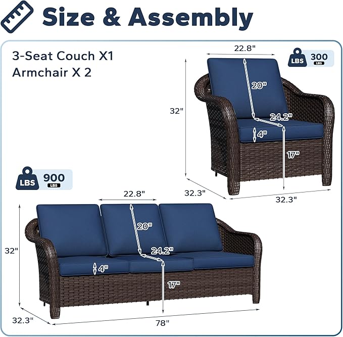 3 Pieces Outdoor Patio Conversation Set, 78" Couch, 2 Chairs, Rattan Wicker Conversation Furniture with Removable Cushions for Bistro, Deck (Navy Blue)