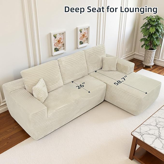 Rovibek 105" Boneless Couches for Living Room, Beige Couch with Chaise, Modular Sectional Sofa with Throw Pillow & Deep Seat, No Assembly Required Compressed Sofa
