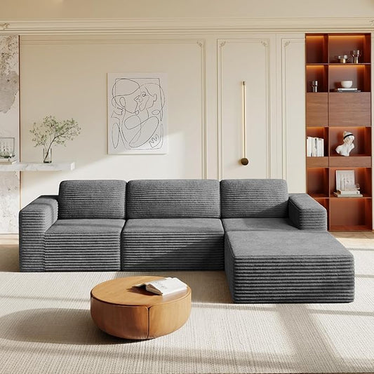 Vesgantti 119" L-Shaped Modular Sectional Sofa, Corduroy Cloud Couch with Deep Seating & Spring Support, Flexible Layout Sofa with Ottoman, Boneless Style, No Assembly Required, Grey