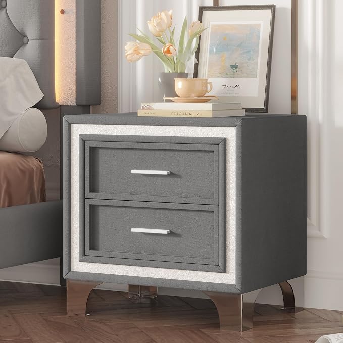 Bellemave 2-Drawer Nightstand with Silver Glitter Strip Decor and Metal Legs, Vintage Upholstered Nightstand, Velvet Bedside Table for Bedroom (Grey) - Image 8