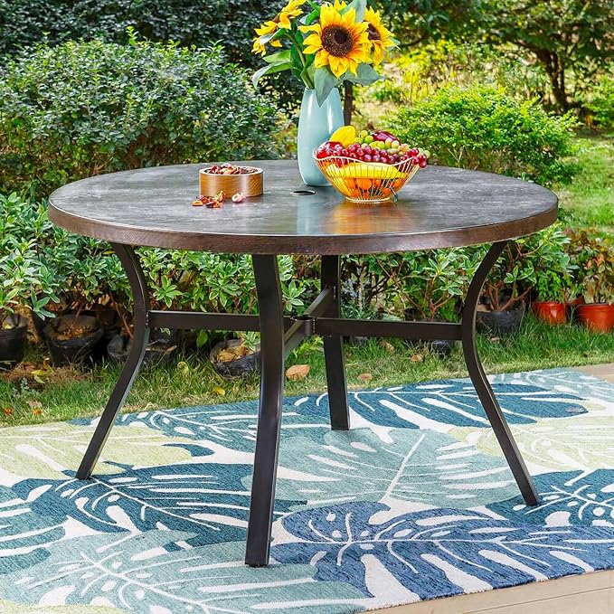 PHI VILLA 44 Inch Large Metal Round Table for 4, Wood-Like Top Patio Table with Umbrella Hole, Large Modern Furniture for Deck, Porch, Yard - Black - Image 2